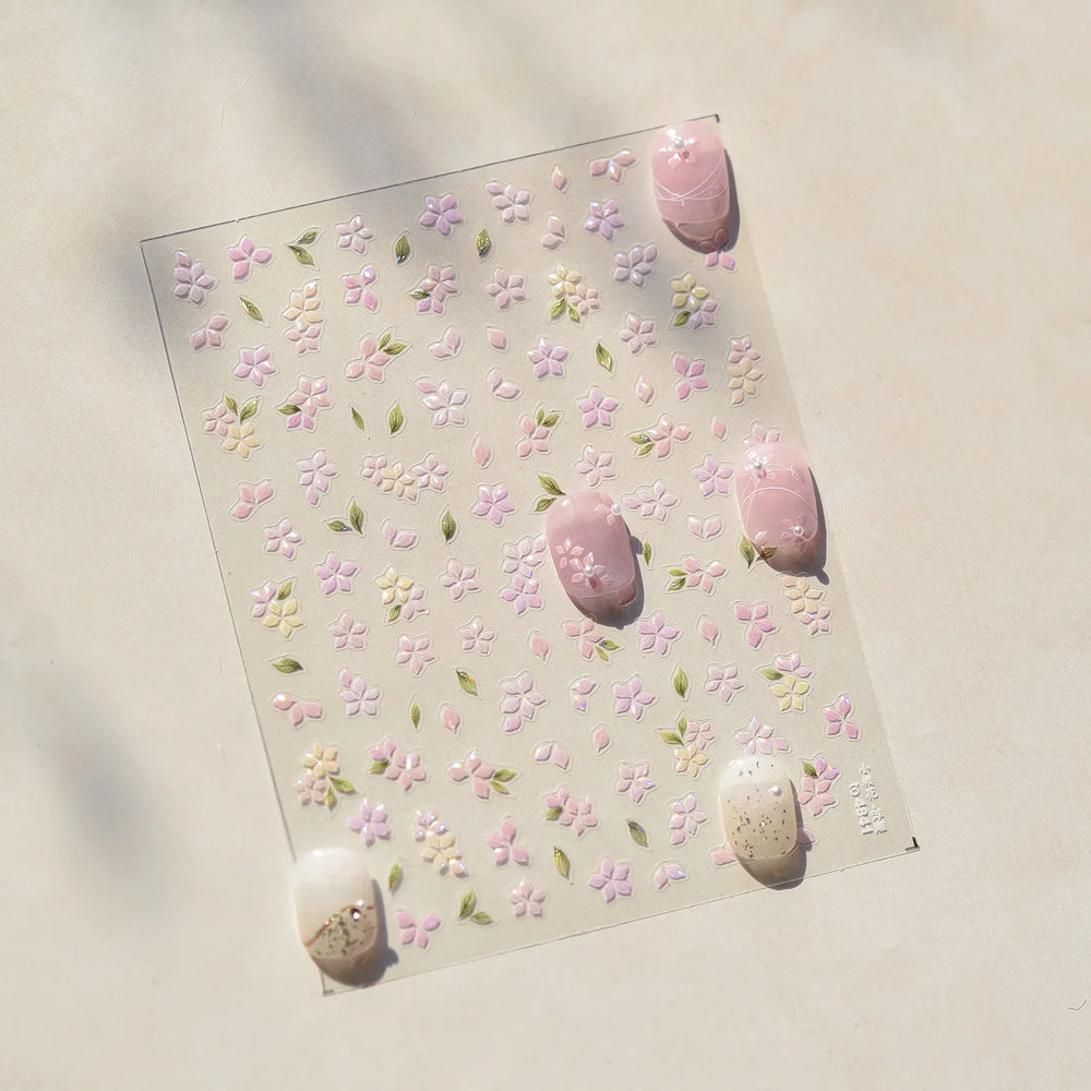 Pink Cherry Blossoms Peach Flower Petal Green Leaf Greenery 5D Embossed Relief Self Adhesive Nail Art Sticker 3D Manicure Decals (ONLINE ORDER ONLY)