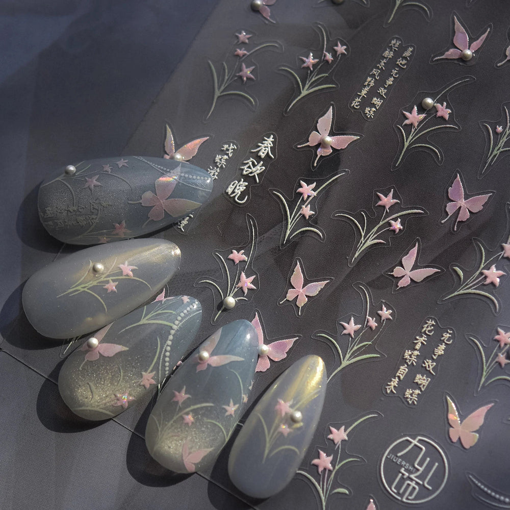 Vigorous Pink Orchid Cymbidium Antique Fragrant Thoroughwort Grass Butterfly Adhesive Nail Art Sticker Plant 3D Manicure Decals (ONLINE ORDER ONLY)