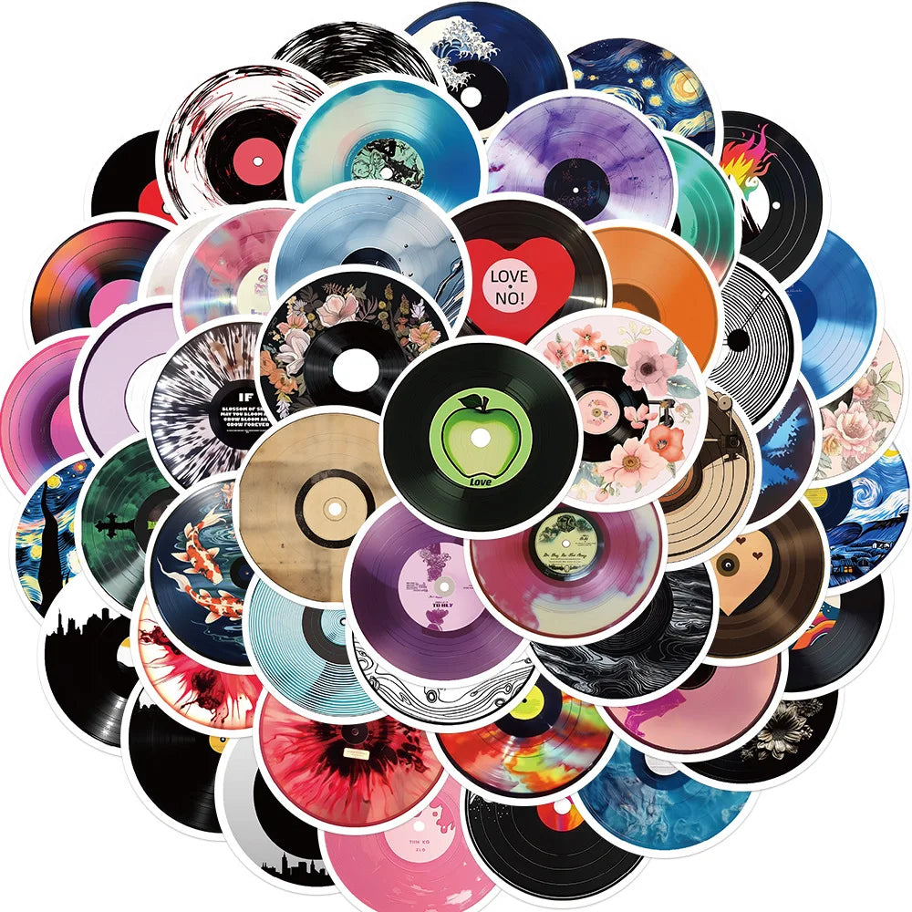 10/30/50PCS Cartoon Vinyl Record CD Stickers Music Toys Decoration DIY Skateboard Guitar Phone Notebook Kids Toys Funny Sticker (ONLINE ORDER ONLY)