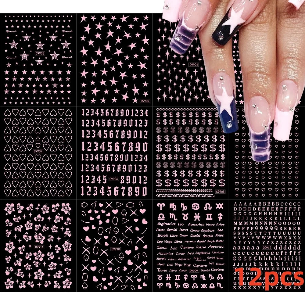 12pcs 3D Golden Glitter Heart Love Nail Stickers Valentine Self Adhesive Cute Cartoon Decal Geometry Slider Manicure Decoration* (ONLINE ORDER ONLY)