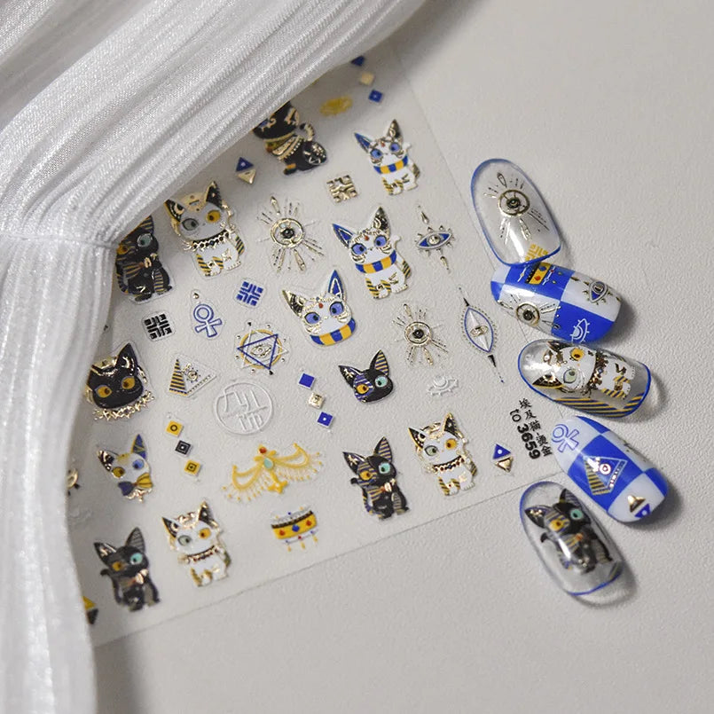 Mysterious Egyptian Cat Totem Eye Symbol Black Pharaoh Kitty Paw Sun Self Adhesive Nail Art Stickers Manicure Decals Wholesale (Online Order Only)