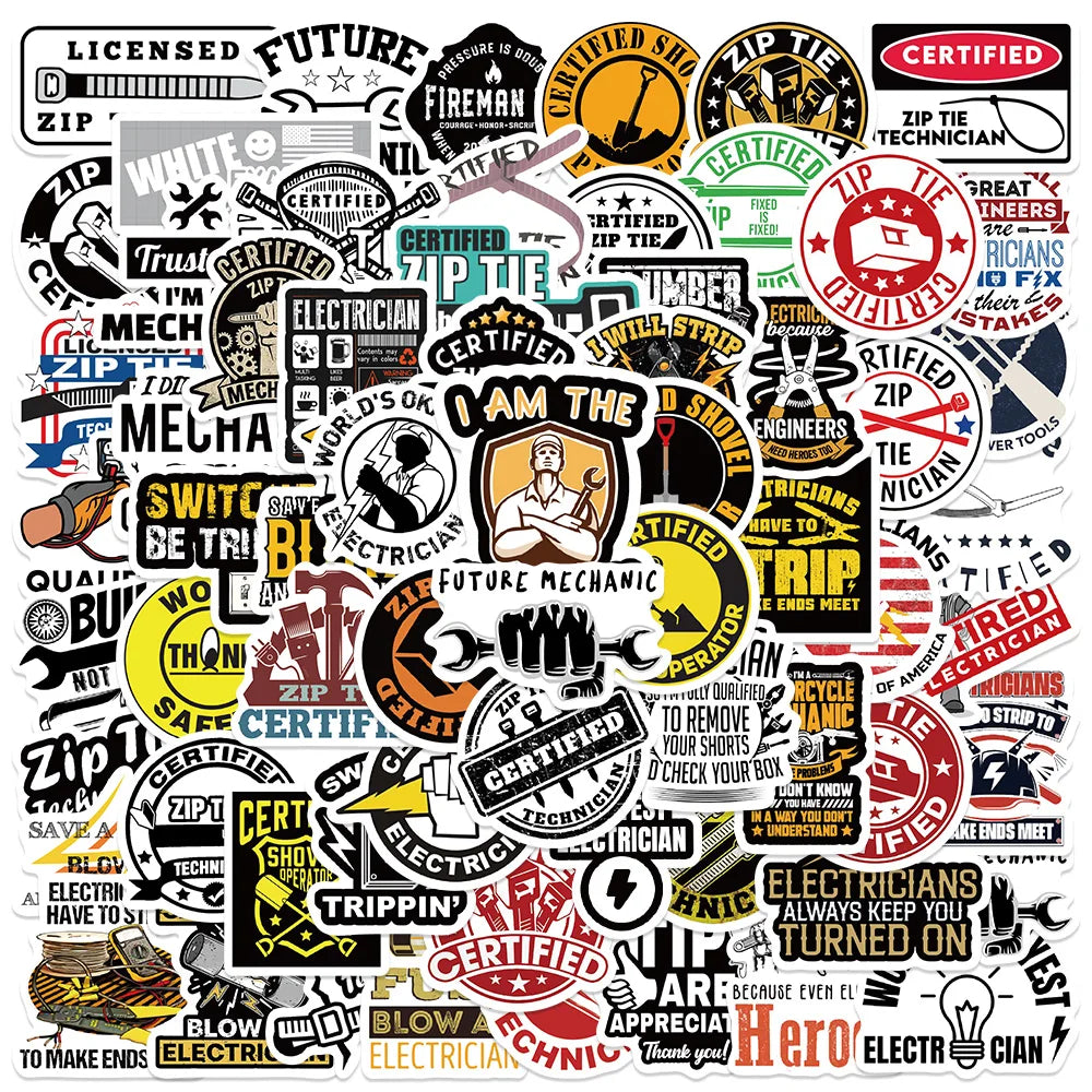 65PCS Funny Mechanic Electrician Sticker Pack for Helmet, Motorcycle, Car, Laptop, Bicycle (Online Order Only)