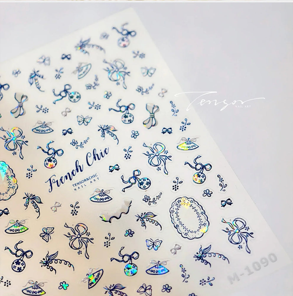 French Chic Blue Line Bowknot Fan Flower Leaves Butterfly Lace Frame Bell Shiny Self Adhesive Nail Art Stickers Manicure Decals (ONLINE ORDER ONLY)