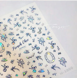 French Chic Blue Line Bowknot Fan Flower Leaves Butterfly Lace Frame Bell Shiny Self Adhesive Nail Art Stickers Manicure Decals (ONLINE ORDER ONLY)