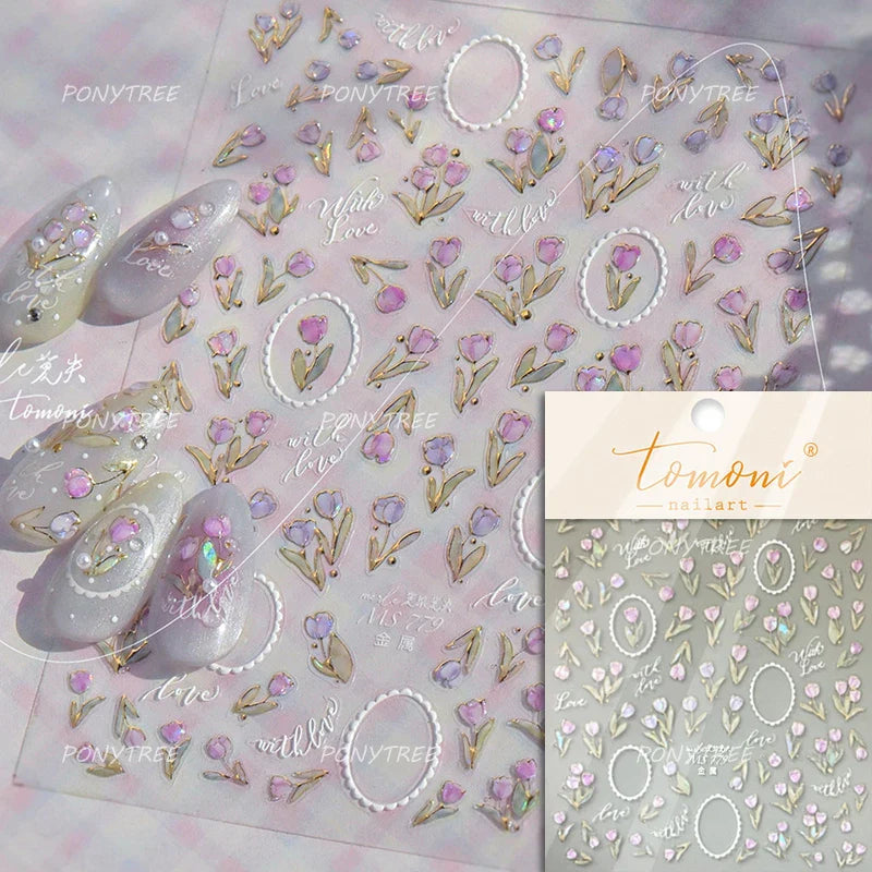 Retro Border Colourful Pink Purple Tulip Flower Bouquet Garden Fragrant 5D Soft Relief Adhesive Nail Art Sticker Manicure Decals (ONLINE ORDER ONLY)