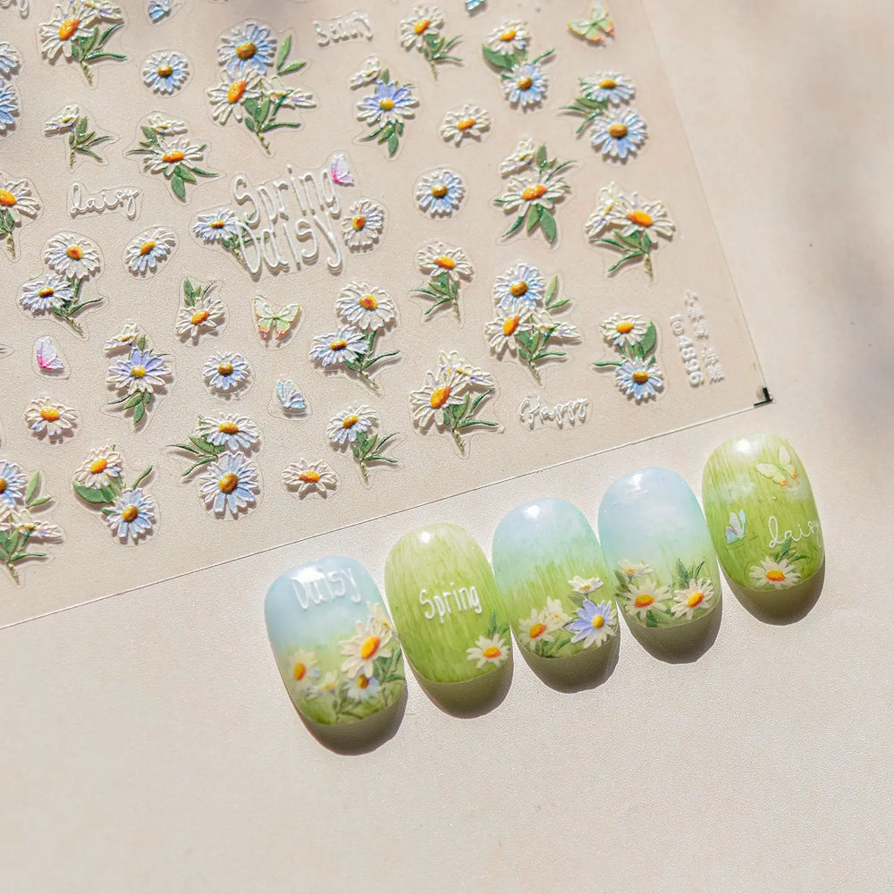 Rural Style White Daisy Flower Butterfly Small Wildflowers 5D Soft Embossed Relief Adhesive Nail Art Stickers 3D Manicure Decals (ONLINE ORDER ONLY)