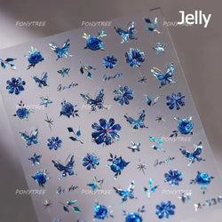 French Chic Blue Line Bowknot Fan Flower Leaves Butterfly Lace Frame Bell Shiny Self Adhesive Nail Art Stickers Manicure Decals (ONLINE ORDER ONLY)