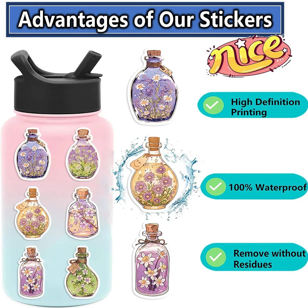 50pcs Colorful Fantasy Glass Flower Stickers Scrapbooking Decorative DIY Stationery Waterproof Journals Notebooks (ONLINE ORDER ONLY)