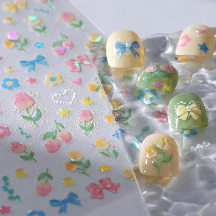 Lovely Bowknot Flower Shiny Star Love Heart Vibrant and Lively Tulip Moon Self Adhesive Nail Art Stickers Relief Manicure Decals (ONLINE ORDER ONLY)
