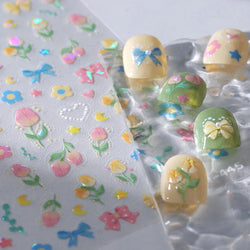 Lovely Bowknot Flower Shiny Star Love Heart Vibrant and Lively Tulip Moon Self Adhesive Nail Art Stickers Relief Manicure Decals (ONLINE ORDER ONLY)