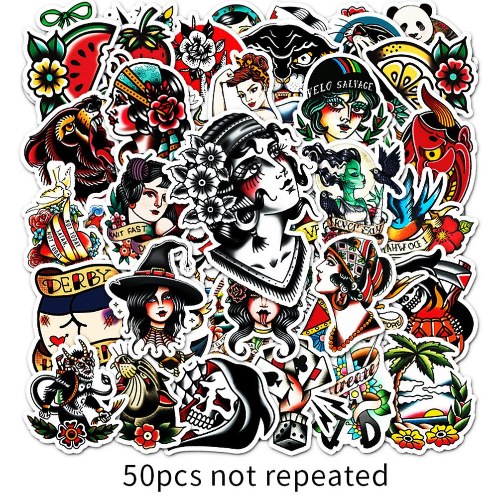 50/100Pcs Retro Old School Tattoo Style Sticker Refrigerator Skateboard Trolley Case Decals Backpack Tables Waterproof Sticker (Online Order Only)