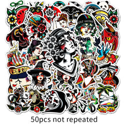 50/100Pcs Retro Old School Tattoo Style Sticker Refrigerator Skateboard Trolley Case Decals Backpack Tables Waterproof Sticker (Online Order Only)