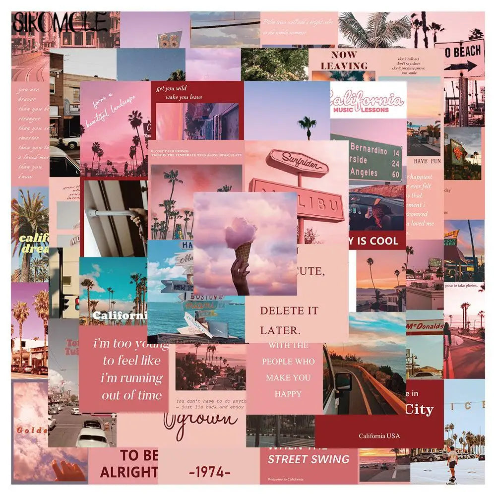 California Streets Pink Scenery Stickers - 10/30/50PCS Skateboard Laptop Decals (ONLINE ORDER ONLY)