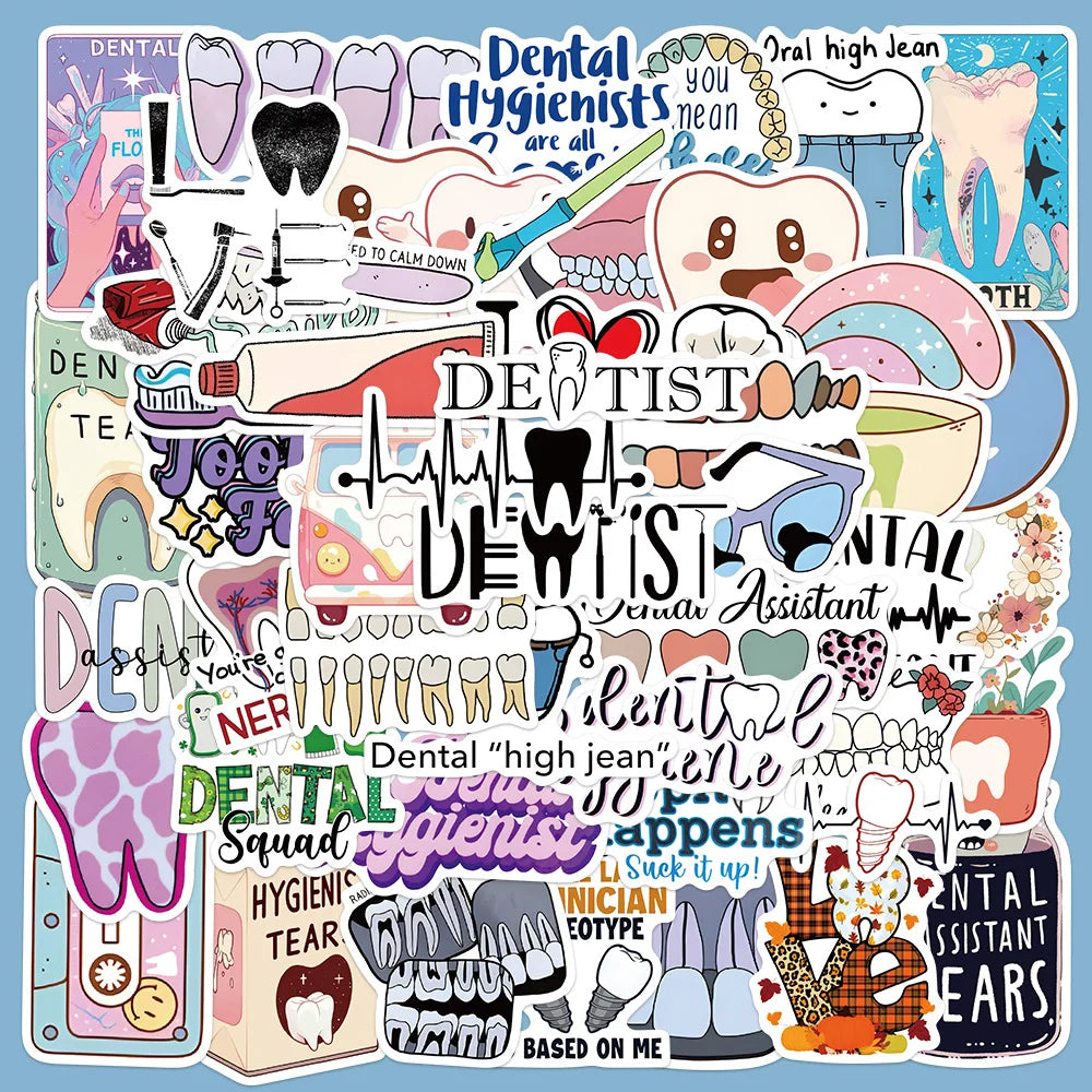 50Pcs Cartoon Teeth Health Stickers for Helmet, Wall, DIY Decor (Online Order Only)