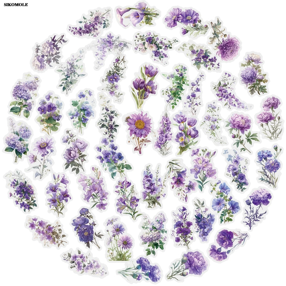 50PCS Romantic Purple Flower Stickers Transparent PET for Notebooks Laptops Skateboards Decals (Online Order Only)