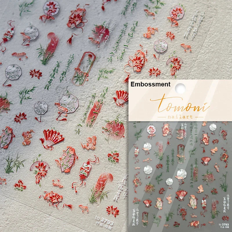 Pretty Red Equinox Flowers Tragedy Love Nine-tailed Fox Mask Manjusaka Chinese Style Soft Relief Nail Art Sticker Manicure Decal (ONLINE ORDER ONLY)
