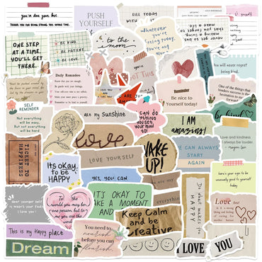 50pcs Fragmented Words Heal Mood Stickers Trend Cartoon Decals Decoration DIY Skateboard Laptop Phone Bike Graffiti Toys (Online Order Only)
