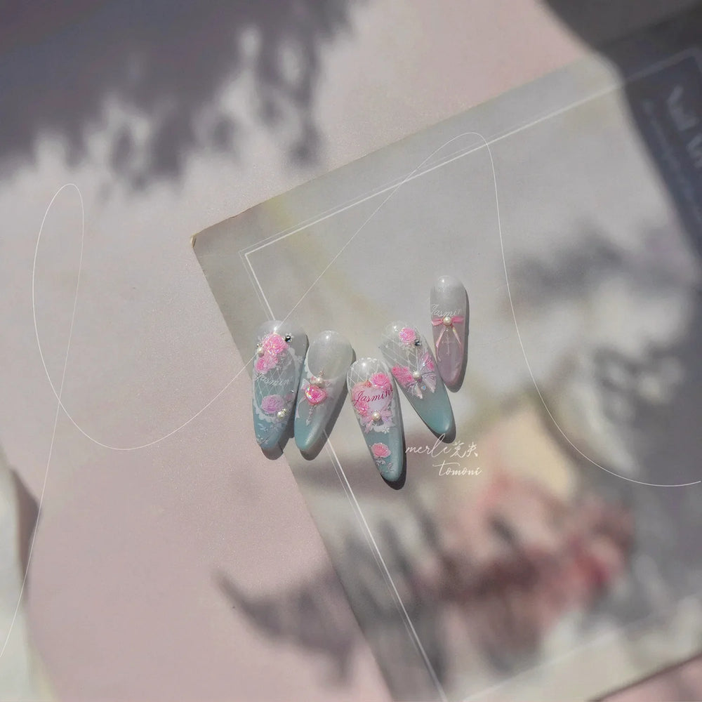 Pink Rose Flower Rambler Heart Bowknot Butterfly Shiny Soft Relief Adhesive Nail Art Stickers Romantic Spring 3D Manicure Decals (ONLINE ORDER ONLY)
