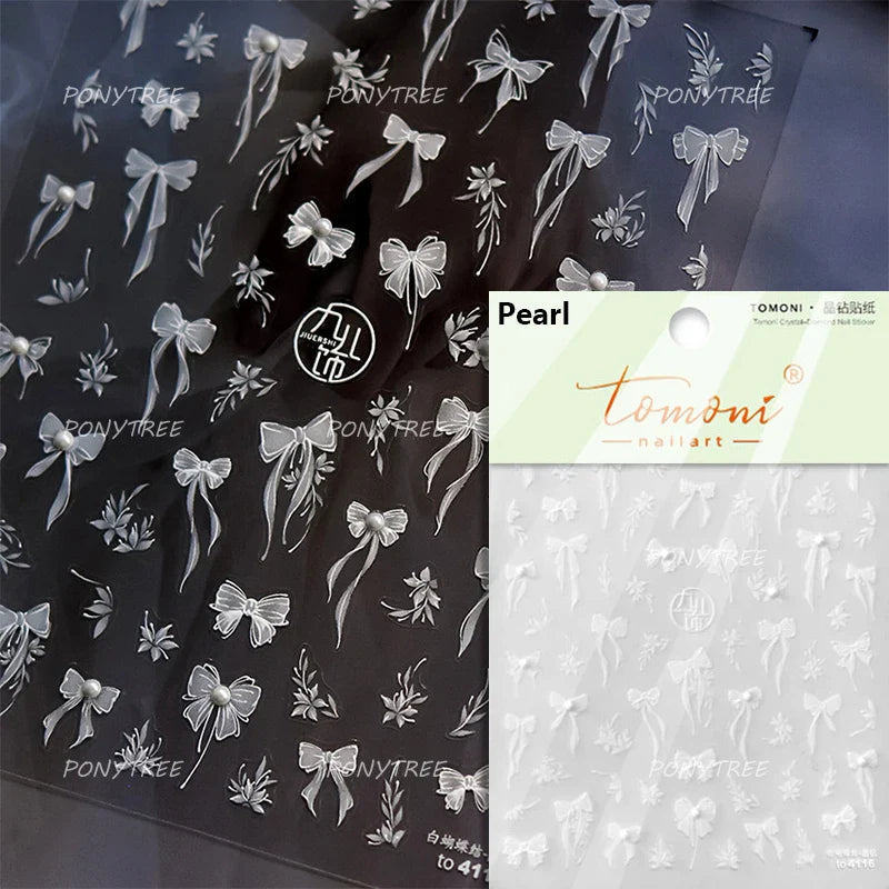 White Pearl Various Bowknot Line Tassel Tender Ribbon Arc Charming Self Adhesive Nail Art Decorations Stickers Manicure Decals (ONLINE ORDER ONLY)