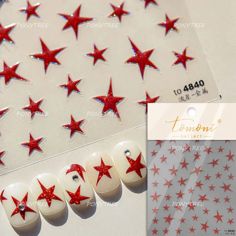 Punk Star Shiny Laser Five-pointed Star White Black Pink Hollow Out Delicate Sparkle Adhesive Nail Art Stickers Manicure Decals (ONLINE ORDER ONLY)