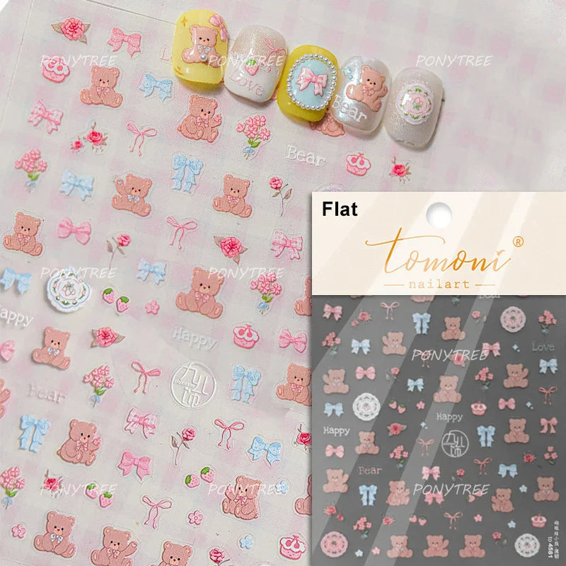Cute Animals Bear Dog Cake Sweet Cherry Grid Bowknot Star Line Fruit Relief Self Adhesive Nail Art Stickers 3D Manicure Decals (ONLINE ORDER ONLY)