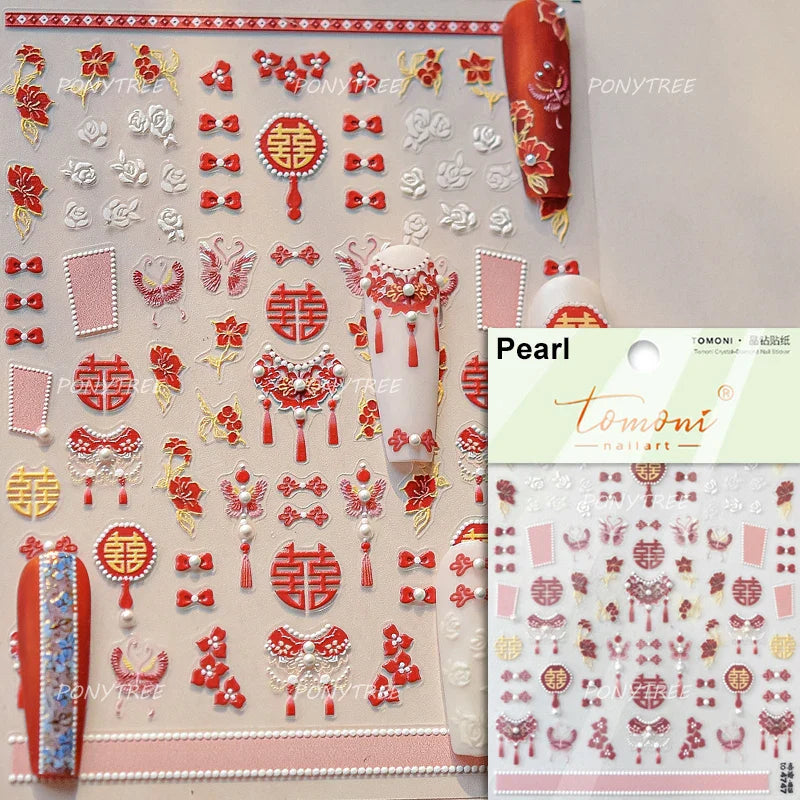 Embroidery Yunjin Brocade Tassels Bowknot Butterfly Flower Rose Camellia Adhesive Nail Art Stickers Rhinestone Manicure Decals (Online Order Only)