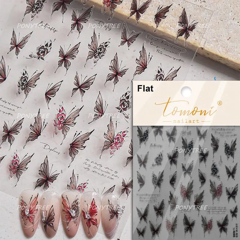 Gradual Asymmetric Butterfly Rose Flower Moon Ancient Poem 5D Reliefs Self Adhesive Nail Stickers JellyManicure Decals Wholesale (Online Order Only)