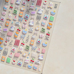 Cute Animals Bear Dog Cake Sweet Cherry Grid Bowknot Star Line Fruit Relief Self Adhesive Nail Art Stickers 3D Manicure Decals (ONLINE ORDER ONLY)