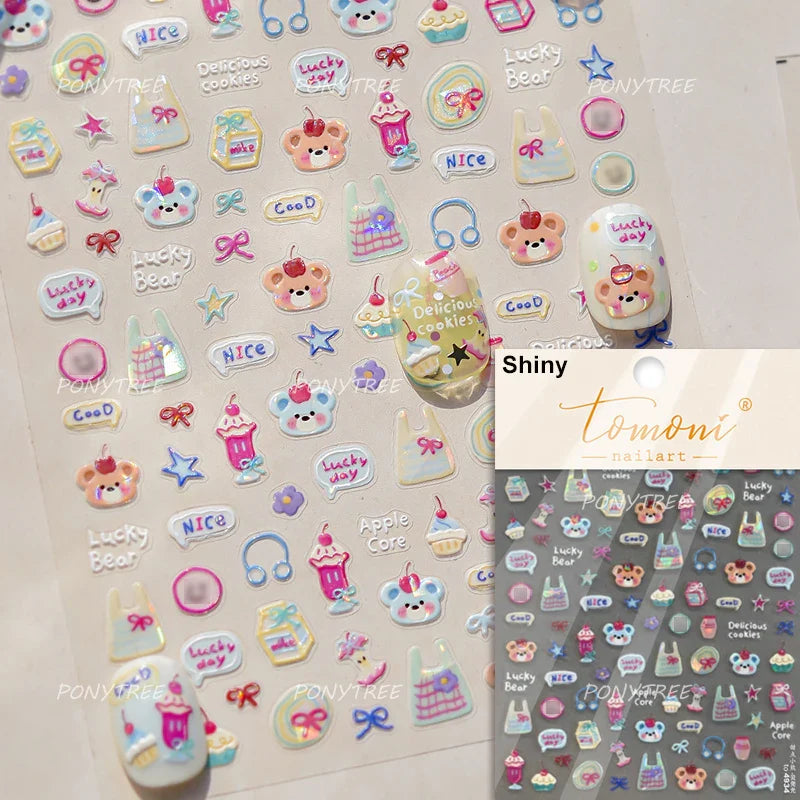 Bear Bowknot Bag Dessert Apple Core Earphone Cup Tulip Cherry Milk Cake Cookies Flower Adhesive Nail Art Stickers Manicure Decal (ONLINE ORDER ONLY)