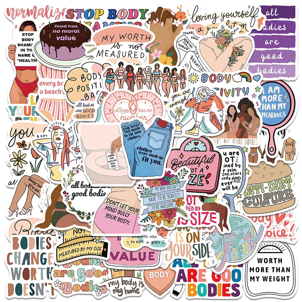 50pcs Body Positive Graffiti Stickers for Girls Notebook Scrapbooking Gifts (Online Order Only)