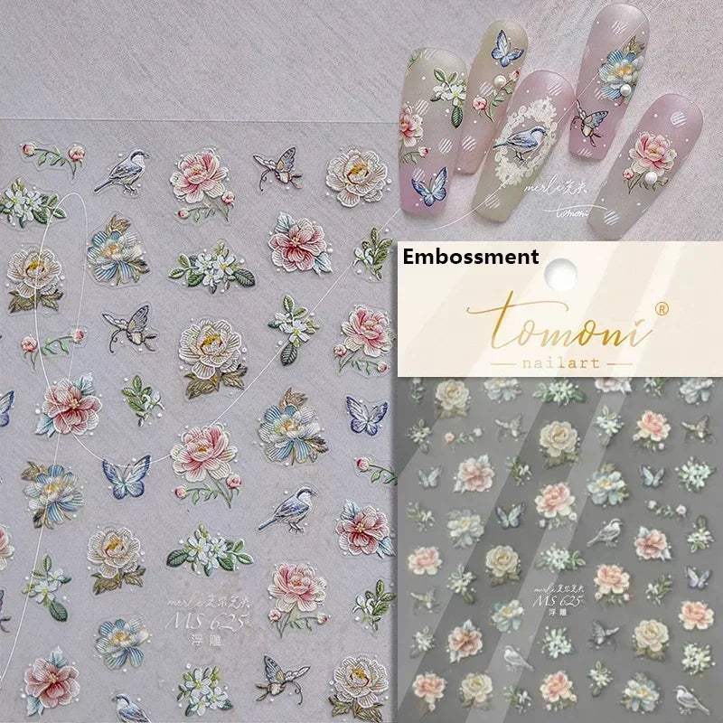 Charming Dreamy Shiny Jelly Blue Gradient Lily Flowers Rose Petal White Dot Chinese Colorful Nail Art Stickers Manicure Decals (ONLINE ORDER ONLY)