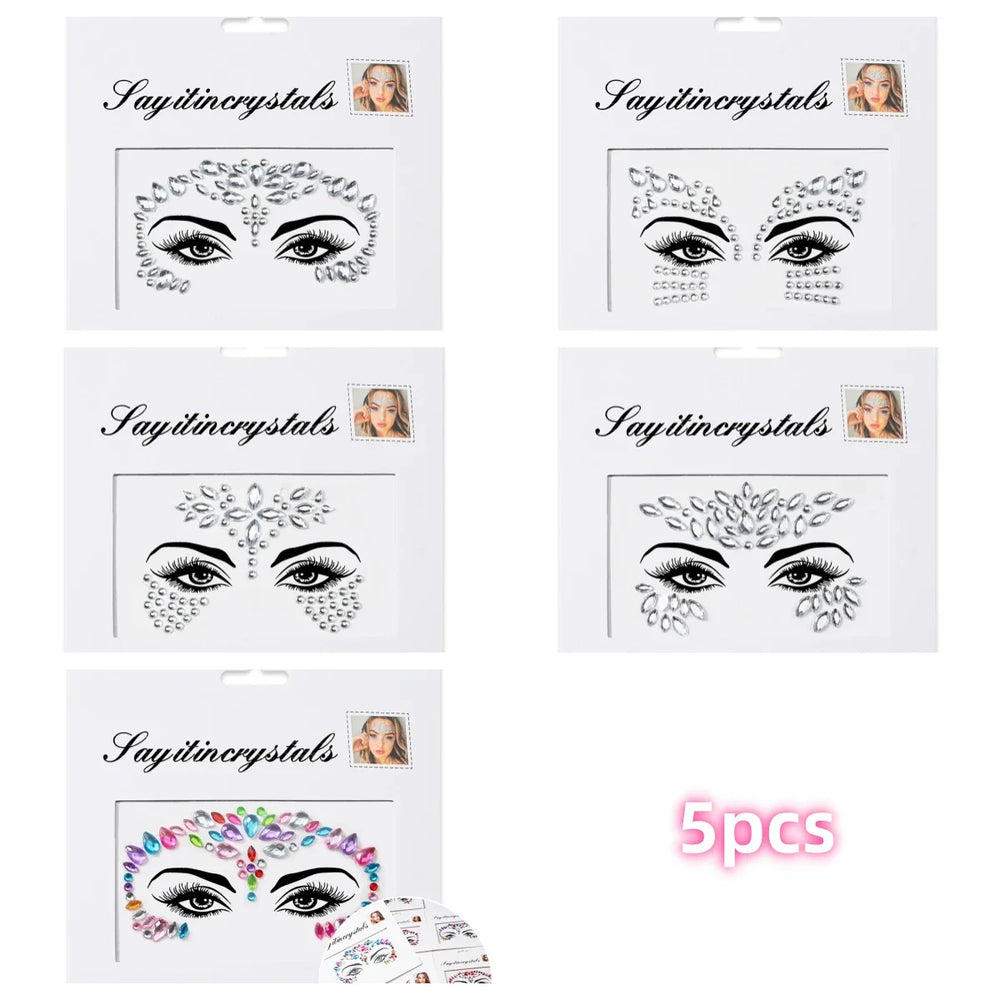 5Pcs Coloful Glitter Face Jewelry Sticker Crystal Eye Body Face Jewels Bady Makeup Tools Temporary Self-Adhesive Nail Rhinestone (ONLINE ORDER ONLY)