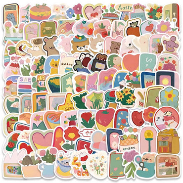 100pcs Cute Cartoon Colorful Flowers Animals Stickers Pack For Luggage Laptop Guitar Phone Waterproof Graffiti Bicycle Car Decal (ONLINE ORDER ONLY)