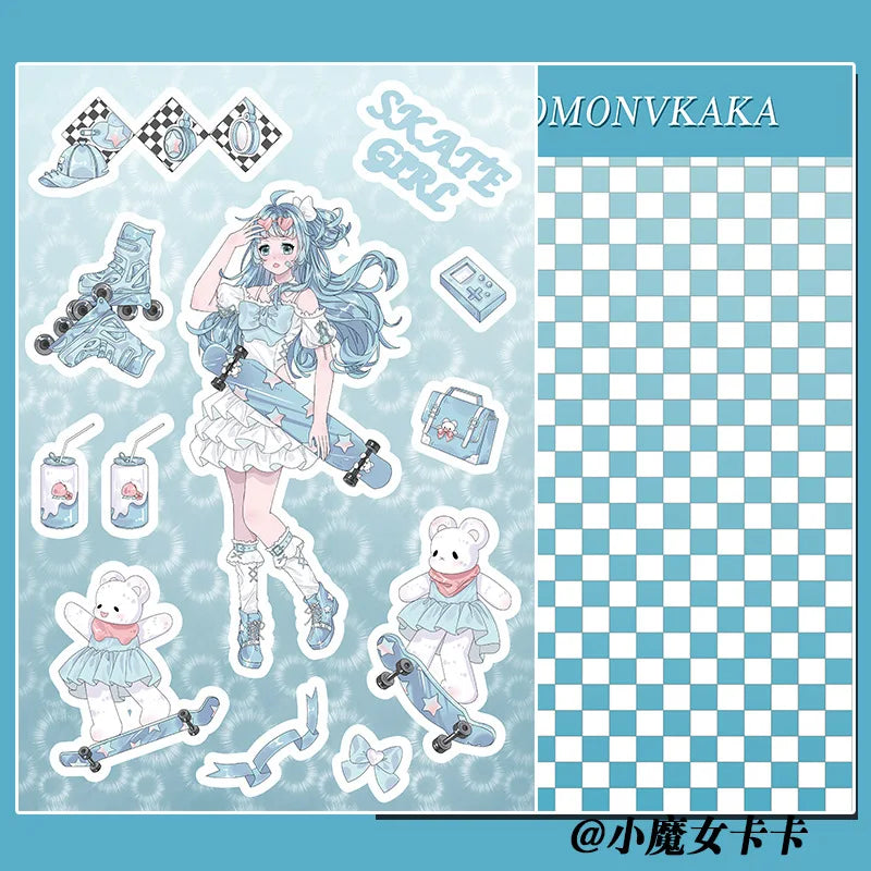 Sweet Cute Skateboard Girl Stickers Diary Scrapbooking DIY Album Decoration Sticker Aesthetic Personalized Kawaii Stationery (Online Order Only)