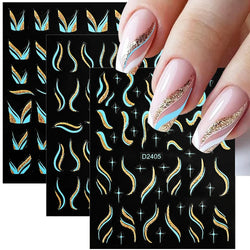 6pcs/Set Blue Gold Glitter French Design 5D Nail Stickers Curve Lines Swirls Wave Nail Sliders Reflective Flakes Decals Manicure (ONLINE ORDER ONLY)