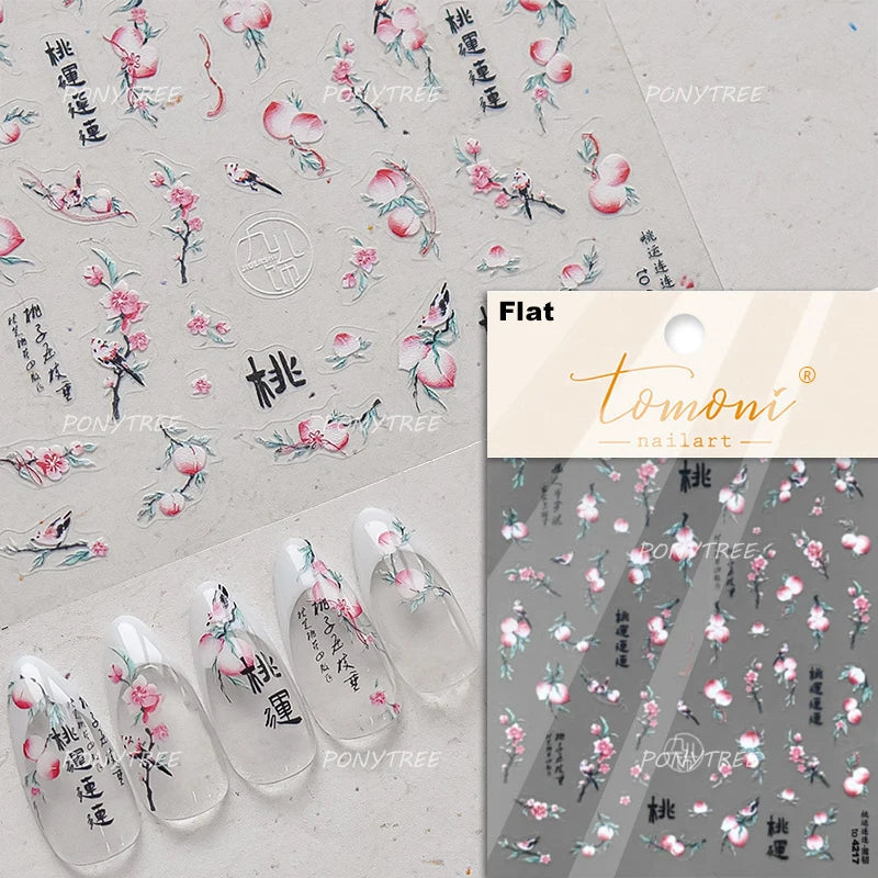 Pink Peach Blossom Flower White Pear Romantic Archaistic Swallow Window Adhesive Nail Art Stickers Rhinestone Manicure Decals (ONLINE ORDER ONLY)