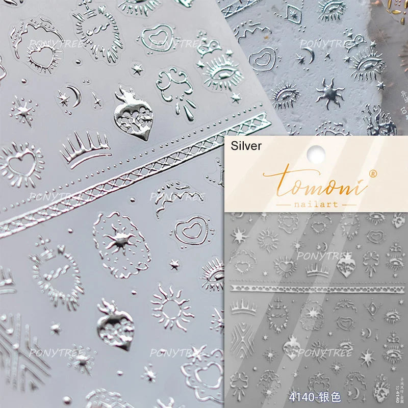 Gold Stamped Silver Totems Geometric Patterns Figure 5D Self Adhesive Nail Art Stickers Stars Bohemia Manicure Decals Wholesale (Online Order Only)