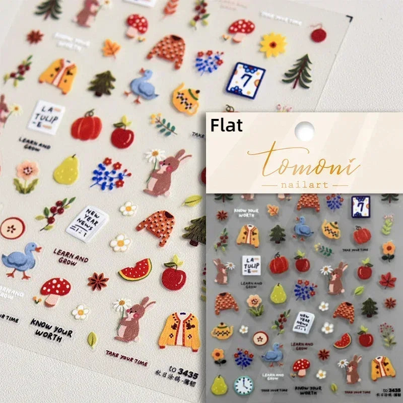 Autumn Fall Maple Leaves Ginkgo Leaf Osmanthus Chrysanthemums Rabbit Bunny Plant Flower Relief Nail Art Sticker Decoration Decal (ONLINE ORDER ONLY)