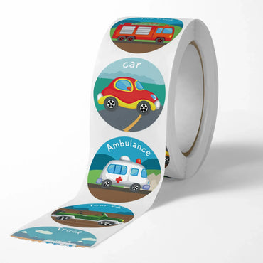 100-500Pcs 1inch Cartoon Car Aircraft Excavator Stickers Children's Toys Reward Learning English Label Stationery Gift Sticker (Online Order Only)