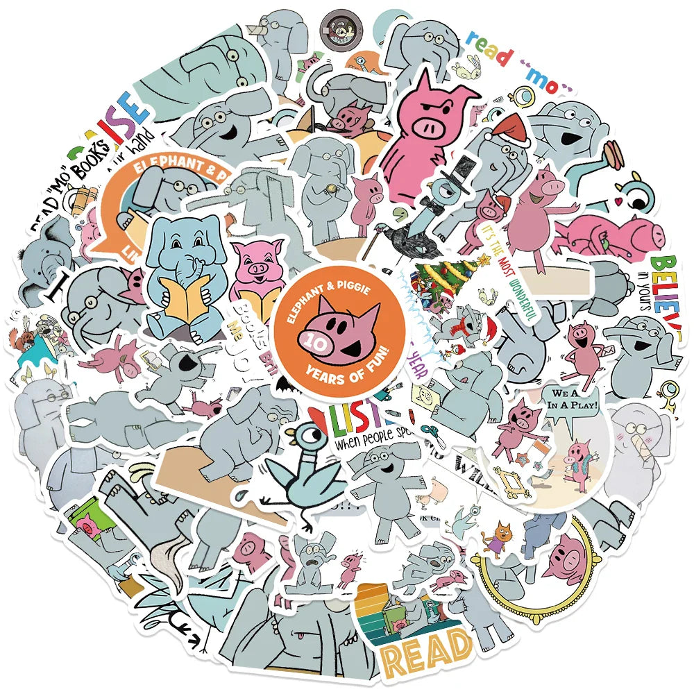 50pcs Funny Elephant and Piggie Stickers Cute Cartoon Anime Water Bottle Sticker Luggage Laptop Diary Waterproof Vinyl Decals (ONLINE ORDER ONLY)
