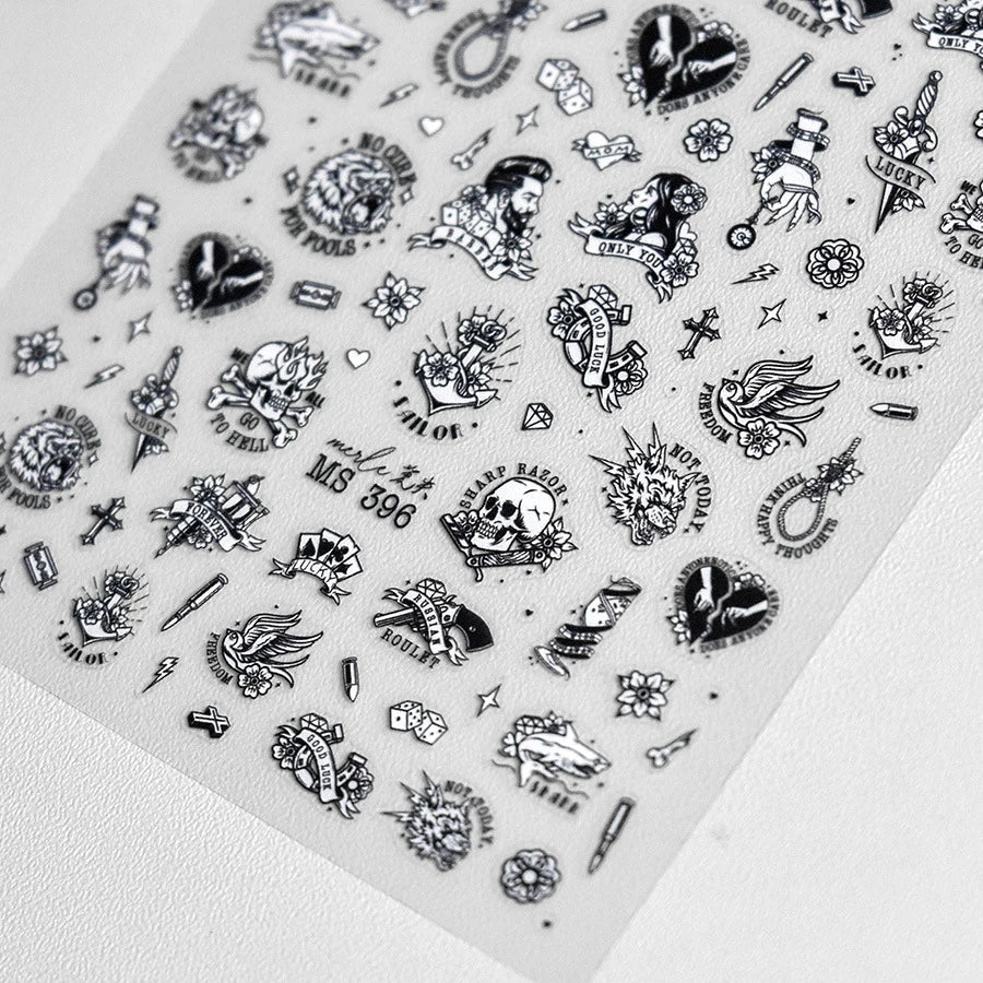 Retro Black Line Skull Man Woman 5D Embossed Relief Self Adhesive Nail Art Sticker Bear Bunny Hand Bird Horror 3D Manicure Decal (Online Order Only)