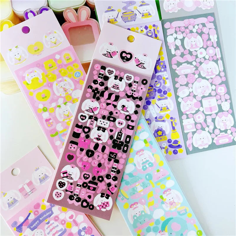 6/8pcs Kawaii Ribbon Rabbit Decorative Sticker Set Girls Scrapbooking Idol Card DIY Diary Album Collage Material Korean Stickers (ONLINE ORDER ONLY)