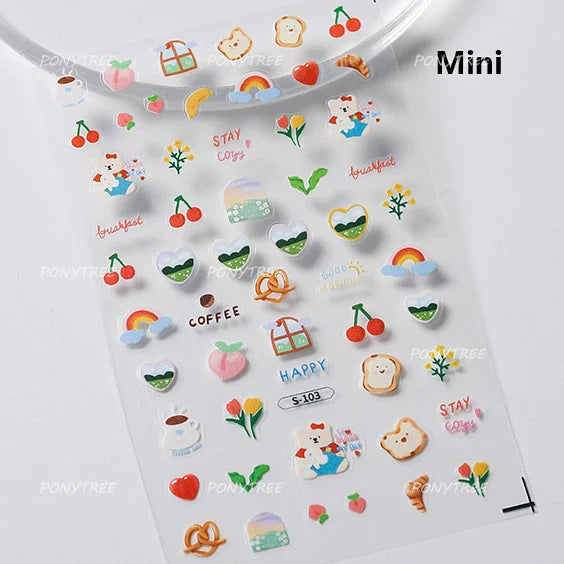 Lovely Green Pink Cherry Pudding Claw Paw Love Heart Bowknot Soft Embossed Reliefs Adhesive Nail Art Stickers Manicure Decals (ONLINE ORDER ONLY)