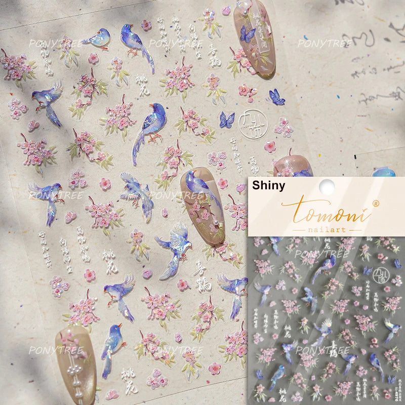 Pink Peach Blossom Blue Magpie Butterfly Bird Wing Tree Branch Animals Plants Shiny 3D Adhesive Nail Art Stickers Manicure Decal (ONLINE ORDER ONLY)