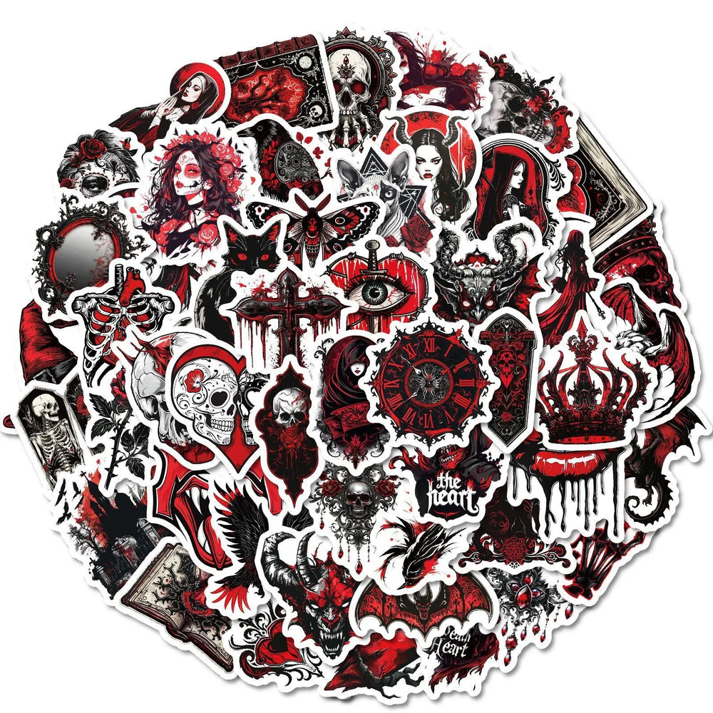 10/50PCS Cool Black Red Gothic Magic Witch Skull Stickers DIY Phone Laptop Luggage Skateboard Graffiti Horror Decals Sticker Toy (ONLINE ORDER ONLY)