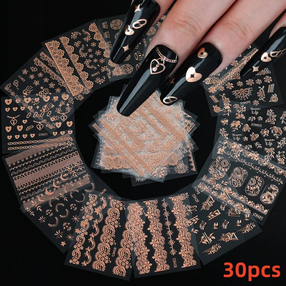 30Pcs/Set Red Golden 3D Nail Art Sticker Hot Stamping Hollow Decals Mixed Designs Adhesive Flower Nail Tips Letter Butterfly Set (Online Order Only)