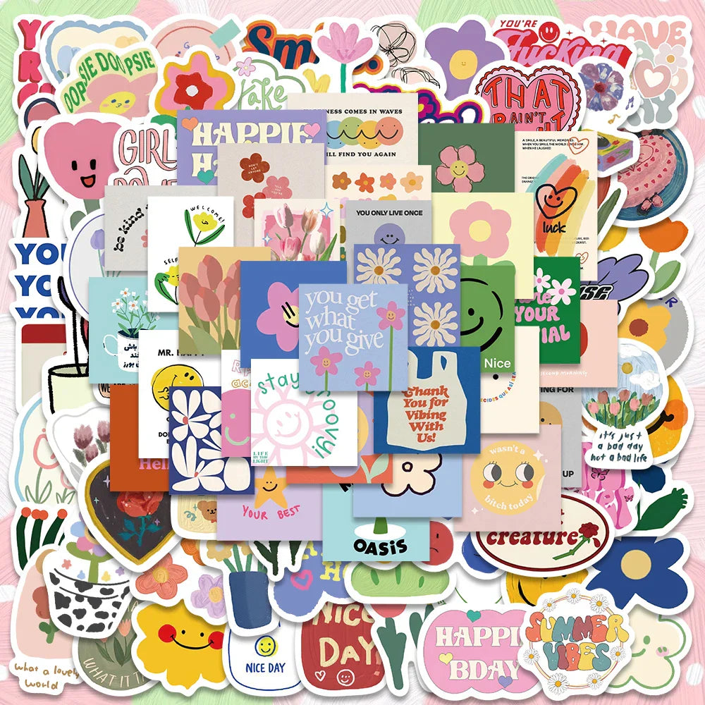 90PCS Kawaii Pink Cartoon Smile Flower Stickers Waterproof DIY Bike Luggage Laptop Decals (ONLINE ORDER ONLY)