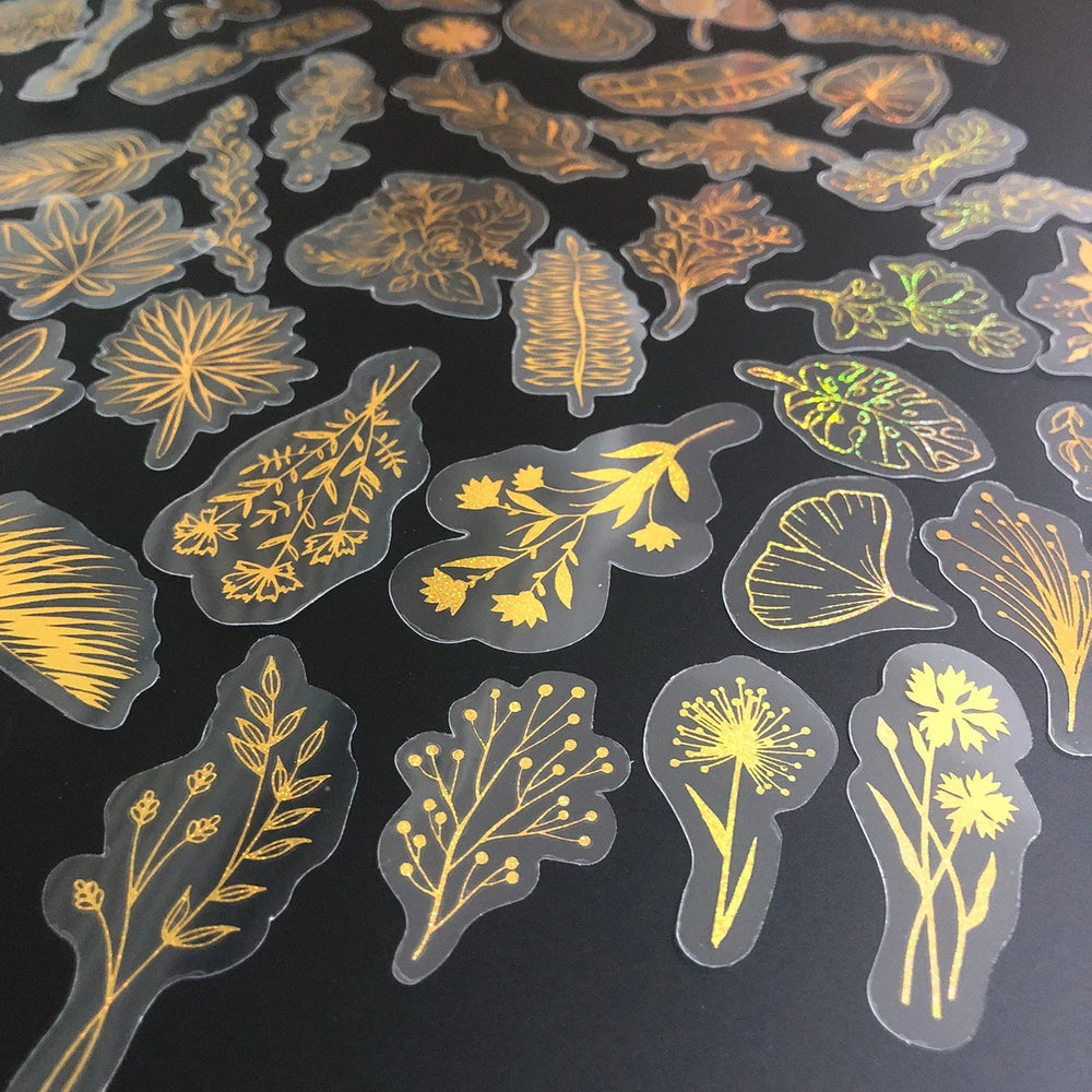 80 Glitter Gold Waterproof Plant Flower Stickers, Transparent PET Adhesive Decals (Online Order Only)
