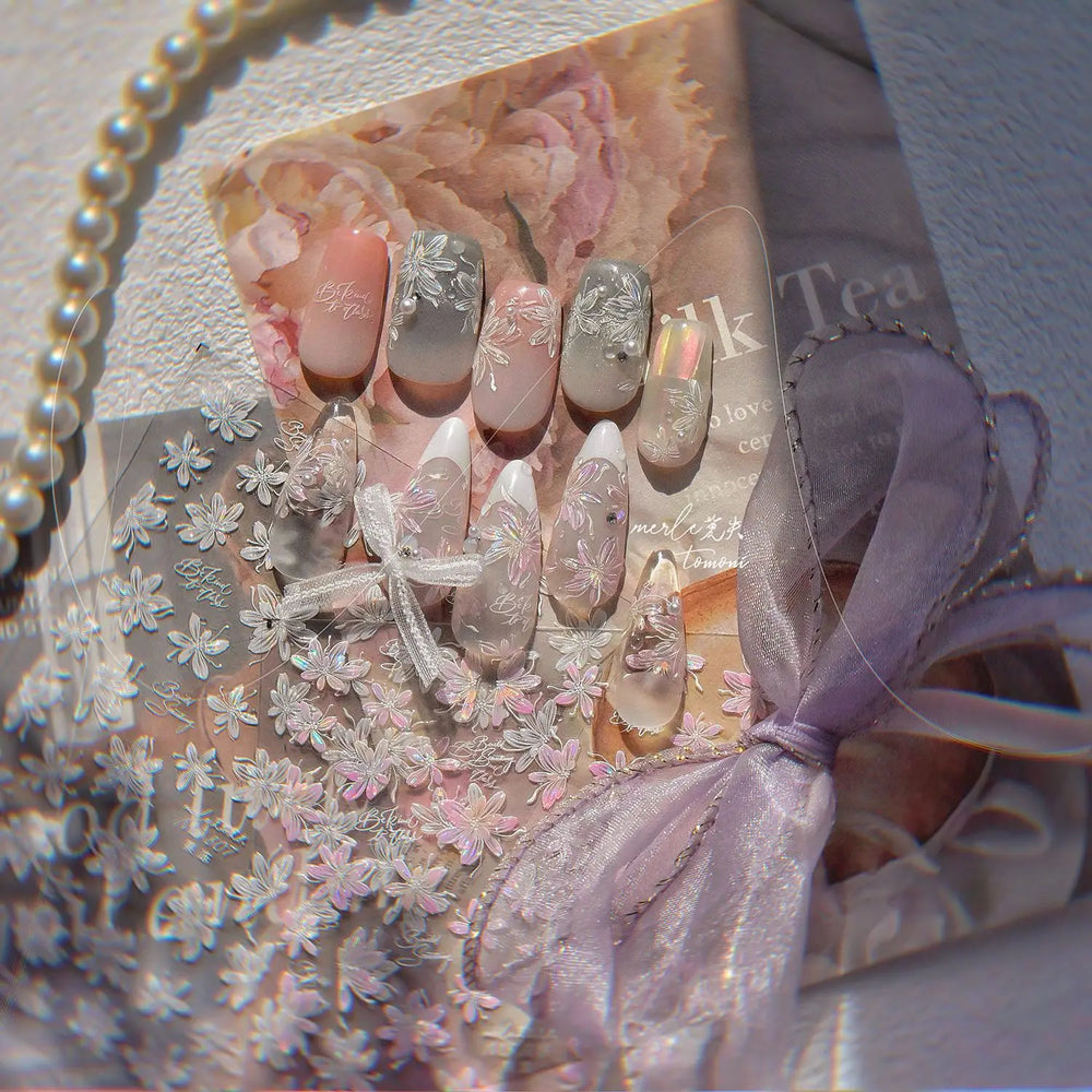 White Pink Flower Dreamy Romantic Petal Jelly Shiny Peach Blossom Polarized Light Delicate Nail Art Stickers 5D Manicure Decals (ONLINE ORDER ONLY)