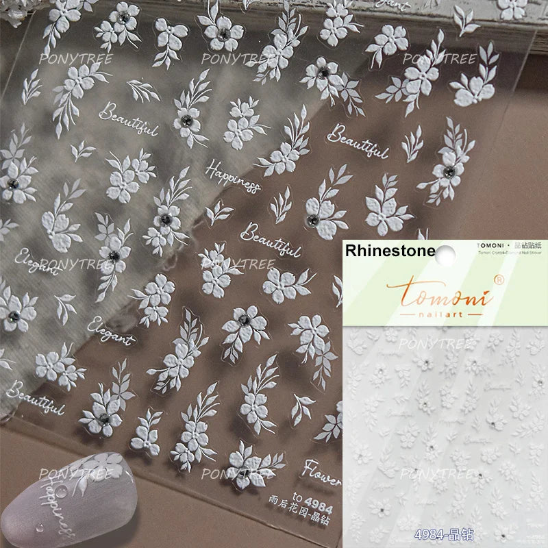 Wet Garden White Flower Leaves Elegant Beautiful Petal Delicate 5D 3D Charming Spring Adhesive Nail Art Stickers Manicure Decals (ONLINE ORDER ONLY)